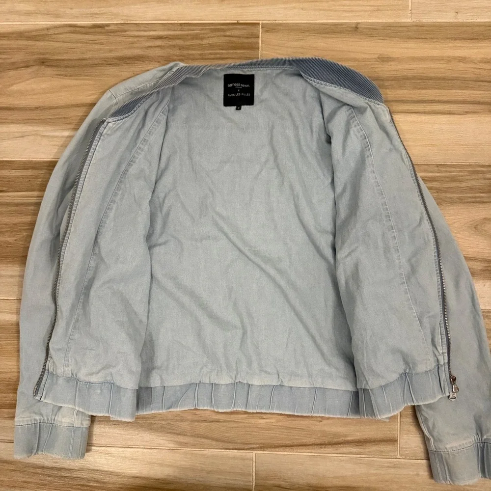 Earnest Sewn x Avec Les Filles Light Wash Denim Bomber Jacket Mens Medium Blue